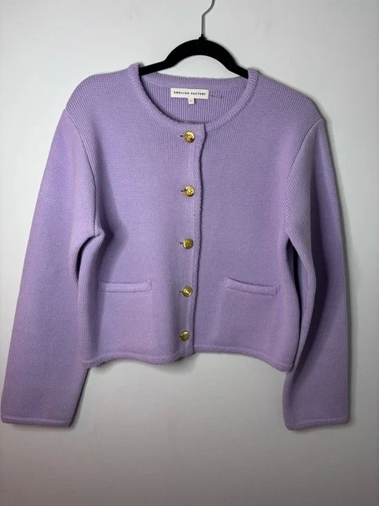 English Factory Lilac Button-Front Knit Cardigan with Gold Buttons - Picture 2 of 5